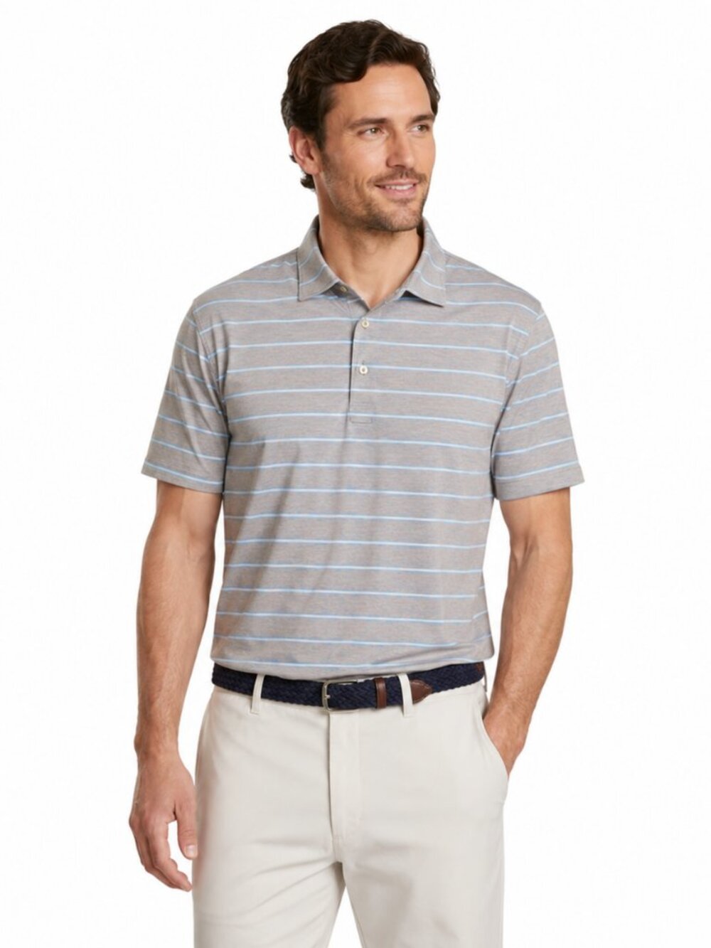Peter Millar Gray Polo with Light Blue Stripes